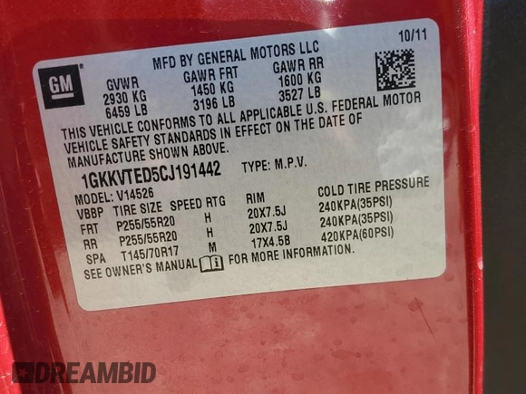 2012 GMC Acadia Denali with VIN 1GKKVTED5CJ191442, listed as a Copart auction lot 52153505 with 136,854 mi miles and Salvage title. Bid and sale history available at DreamBid. Image 13.