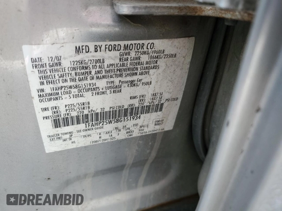 2008 Ford Taurus Limited with VIN 1FAHP25W58G151934, listed as a Copart auction lot 60219925 with 222,592 mi miles and Salvage title. Bid and sale history available at DreamBid. Image 12.