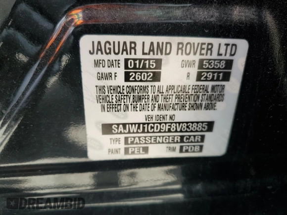 2015 Jaguar XJ с VIN SAJWJ1CD9F8V83885, выставлен на аукционе Copart как лот 58016335 с пробегом 81 794 миль миль и Чистый • Clean title. История ставок и продаж доступна на DreamBid. Изображение 13.