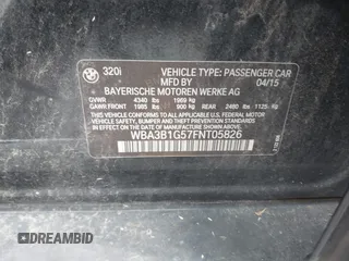 2015 BMW 3 Series 320i with VIN WBA3B1G57FNT05826, listed as a IAAI auction lot 42103193 with 128,800 mi miles. Bid and sale history available at carsss.com. Image 9.