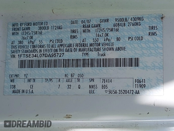 2007 Ford Econoline Cargo with VIN 1FTSE34L07DA95727, listed as a IAAI auction lot 41805499 with Not Provided miles and . Bid and sale history available at carsss.com. Image 9.