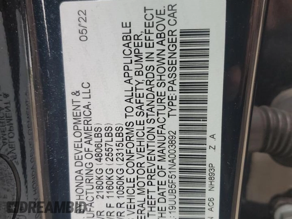 2022 Acura TLX w/A-Spec Package with VIN 19UUB5F51NA003892, listed as a Copart auction lot 53790725 with 52,986 mi miles and Salvage title. Bid and sale history available at DreamBid. Image 12.
