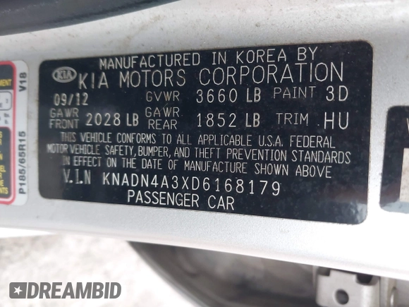 2013 Kia Rio SX with VIN KNADN4A3XD6168179, listed as a IAAI auction lot 41909704 with 79,653 mi miles. Bid and sale history available at carsss.com. Image 9.