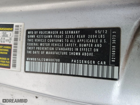 2013 Volkswagen Golf w/Conv & Sunroof with VIN WVWBB7AJ7DW000700, listed as a Copart auction lot 43582035 with 164,300 mi miles and Salvage Title. Bid and sale history available at carsss.com. Image 12.