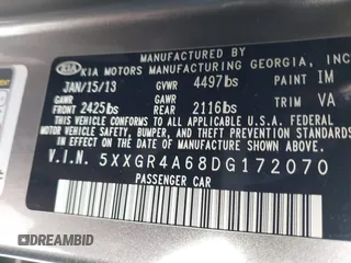 2013 Kia Optima SX with VIN 5XXGR4A68DG172070, listed as a IAAI auction lot 40820289 with 147,124 mi miles and . Bid and sale history available at DreamBid. Image 9.