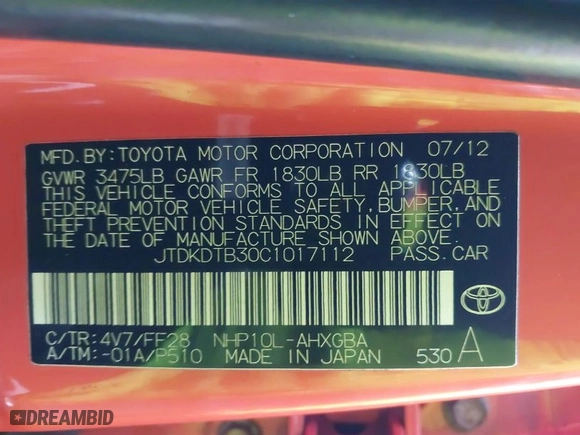 2012 Toyota Prius c One with VIN JTDKDTB30C1017112, listed as a IAAI auction lot 41305496 with 175,130 mi miles. Bid and sale history available at carsss.com. Image 9.