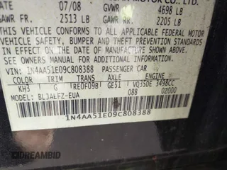 2009 Nissan Maxima SV с VIN 1N4AA51E09C808388, выставлен на аукционе IAAI как лот 41873230 с пробегом 180 510 миль миль и . История ставок и продаж доступна на DreamBid. Изображение 9.