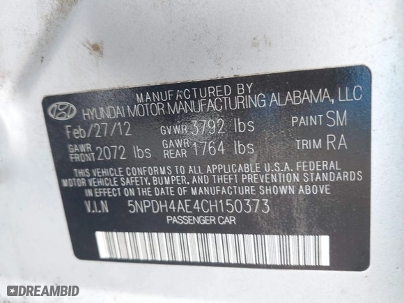 2012 Hyundai Elantra Limited with VIN 5NPDH4AE4CH150373, listed as a IAAI auction lot 41784443 with 170,348 mi miles. Bid and sale history available at carsss.com. Image 9.