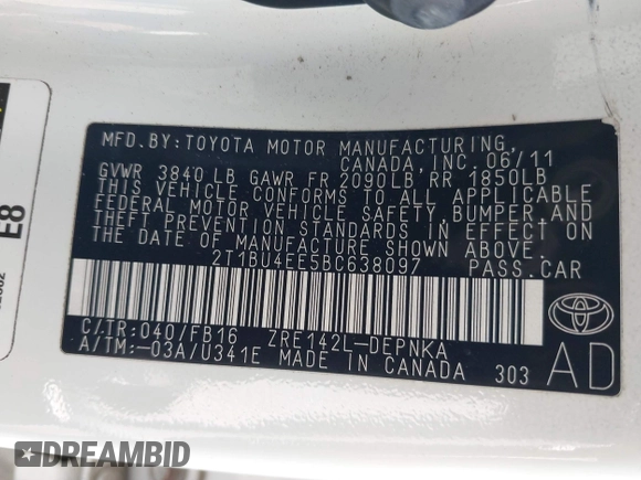 2011 Toyota Corolla L with VIN 2T1BU4EE5BC638097, listed as a IAAI auction lot 42208071 with 238,217 mi miles and . Bid and sale history available at DreamBid. Image 9.