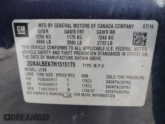 2017 Chevrolet Equinox LS with VIN 2GNALBEK7H1515179, listed as a IAAI auction lot 41258016 with 106,202 mi miles. Bid and sale history available at carsss.com. Image 9.