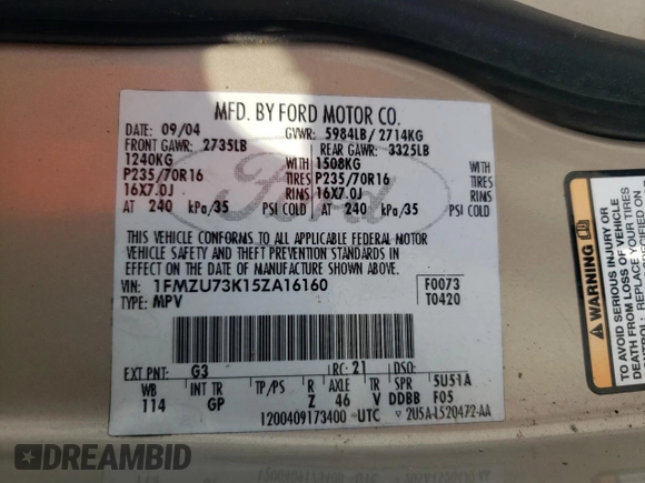 2005 Ford Explorer XLT с VIN 1FMZU73K15ZA16160, выставлен на аукционе Copart как лот 63665895 с пробегом 214 810 миль миль и Списание • Salvage title. История ставок и продаж доступна на DreamBid. Изображение 13.