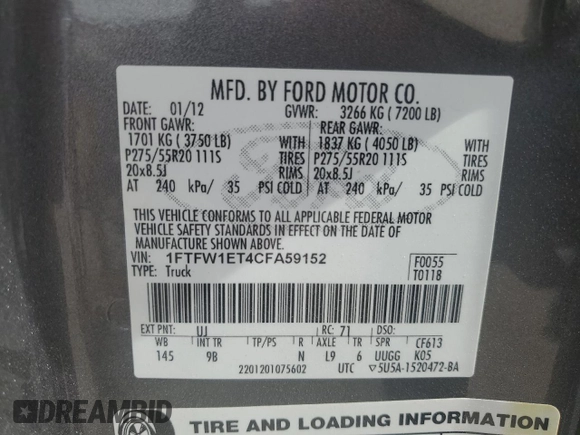 2012 Ford F-150 XL with VIN 1FTFW1ET4CFA59152, listed as a Copart auction lot 51183215 with 142,545 mi miles and Salvage title. Bid and sale history available at DreamBid. Image 12.