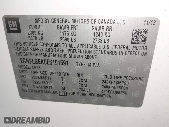 2014 Chevrolet Equinox LT with VIN 2GNFLGEK0E6191591, listed as a IAAI auction lot 41869444 with 136,829 mi miles. Bid and sale history available at carsss.com. Image 9.