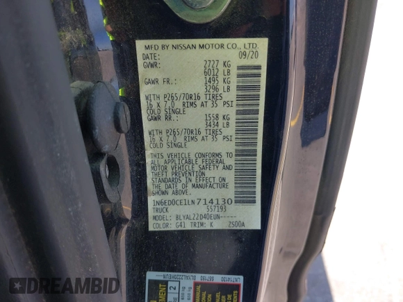 2020 Nissan Frontier S with VIN 1N6ED0CE1LN714130, listed as a IAAI auction lot 42027428 with 61,421 mi miles and . Bid and sale history available at DreamBid. Image 9.