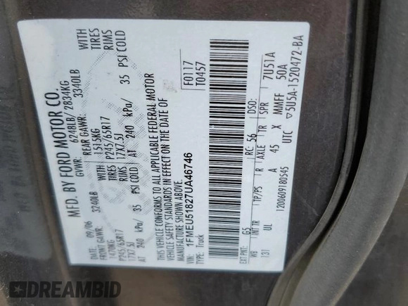 2007 Ford Explorer Sport Trac XLT with VIN 1FMEU51827UA46746, listed as a Copart auction lot 70930394 with 237,477 mi miles and Salvage title. Bid and sale history available at DreamBid. Image 12.