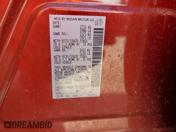2018 Nissan Pathfinder SL with VIN 5N1DR2MMXJC616557, listed as a Copart auction lot 55728745 with 85,417 mi miles and Clean title. Bid and sale history available at DreamBid. Image 13.