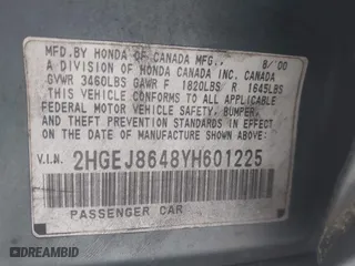 2000 Honda Civic EX with VIN 2HGEJ8648YH601225, listed as a IAAI auction lot 41945291 with 112,853 mi miles. Bid and sale history available at carsss.com. Image 9.