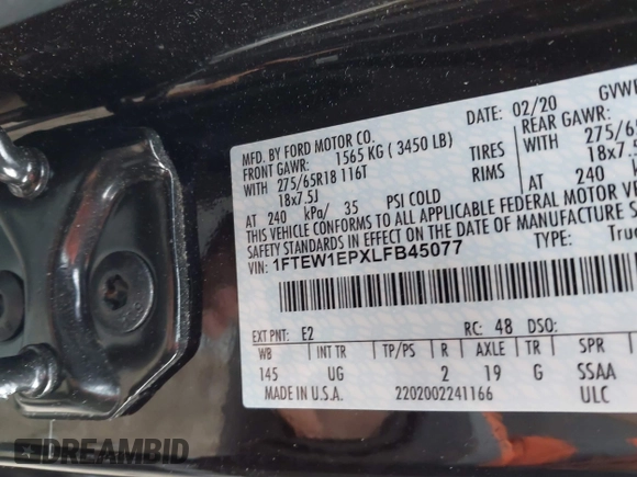 2020 Ford F-150 XL with VIN 1FTEW1EPXLFB45077, listed as a IAAI auction lot 41439956 with 47,523 mi miles and . Bid and sale history available at carsss.com. Image 9.