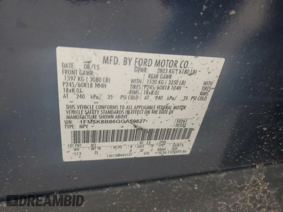 2016 Ford Explorer z VIN 1FM5K8B86GGA59827, wystawiony jako Copart lot #63297905 z przebiegiem Nie podano mil oraz Szkoda całkowita • Salvage title. Historia ofert i sprzedaży dostępna na DreamBid. Obrazek 13.
