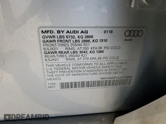 2018 Audi SQ5 Premium Plus with VIN WA1A4AFY2J2119969, listed as a Copart auction lot 69327482 with 57,897 mi miles. Bid and sale history available at carsss.com. Image 16.