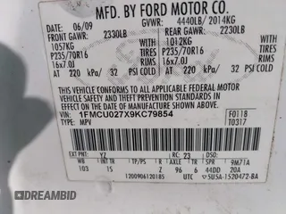 2009 Ford Escape XLS with VIN 1FMCU027X9KC79854, listed as a IAAI auction lot 42131142 with Not provided miles and . Bid and sale history available at DreamBid. Image 9.