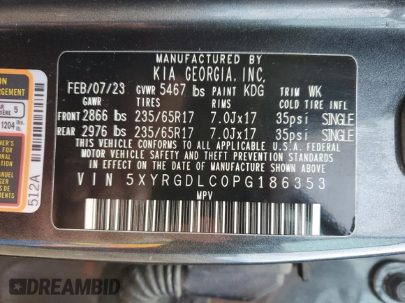2023 Kia Sorento LX with VIN 5XYRGDLC0PG186353, listed as a Copart auction lot 50159595 with 51,832 mi miles and Salvage Title. Bid and sale history available at carsss.com. Image 13.