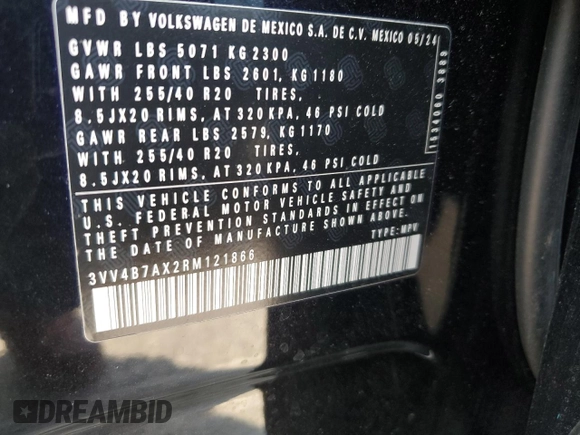 2024 Volkswagen Tiguan SEL R-Line with VIN 3VV4B7AX2RM121866, listed as a Copart auction lot 60169455 with Not provided miles and Salvage title. Bid and sale history available at DreamBid. Image 14.