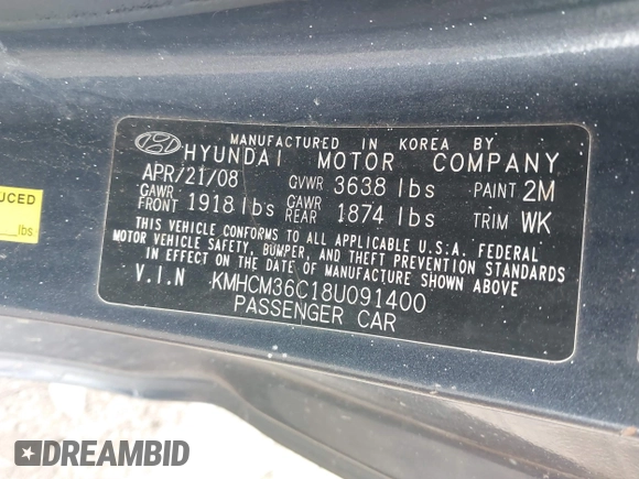 2008 Hyundai Accent GS with VIN KMHCM36C18U091400, listed as a IAAI auction lot 41942989 with 179,072 mi miles. Bid and sale history available at carsss.com. Image 9.