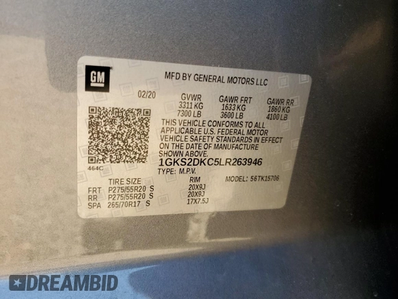 2020 GMC Yukon SLT Standard Edition with VIN 1GKS2DKC5LR263946, listed as a Copart auction lot 68388374 with 66,652 mi miles and Salvage Title. Bid and sale history available at carsss.com. Image 14.