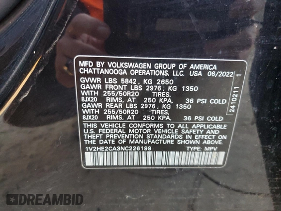 2022 Volkswagen Atlas SE z VIN 1V2HE2CA3NC226199, wystawiony jako Copart lot #58964475 z przebiegiem 40 891 mil mil oraz Nie do naprawy. Historia ofert i sprzedaży dostępna na DreamBid. Obrazek 13.