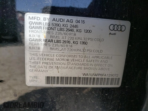2015 Audi Q5 Premium Plus z VIN WA1LFAFP6FA129072, wystawiony jako Copart lot #49326224 z przebiegiem 122 842 mil mil oraz Szkody całkowita. Historia ofert i sprzedaży dostępna na DreamBid. Obrazek 12.