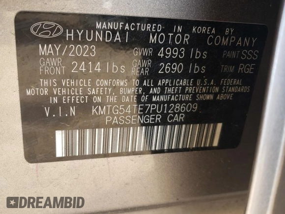 2023 Genesis G70 3.3T with VIN KMTG54TE7PU128609, listed as a Copart auction lot 53644364 with 5,843 mi miles and Salvage title. Bid and sale history available at DreamBid. Image 13.