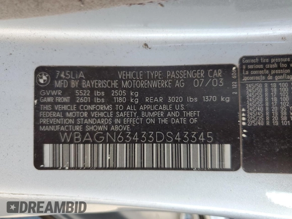 2003 BMW 7 Series 745Li with VIN WBAGN63433DS43345, listed as a Copart auction lot 81220114 with Not Provided miles and Non Repairable. Bid and sale history available at carsss.com. Image 12.