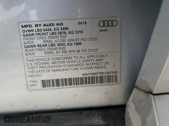 2019 Audi Q5 Prestige with VIN WA1CNAFY6K2097305, listed as a Copart auction lot 42100015 with 56,562 mi miles and Salvage Title. Bid and sale history available at carsss.com. Image 13.