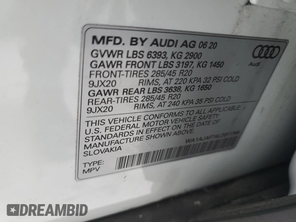 2020 Audi Q7 Premium with VIN WA1AJAF74LD011344, listed as a Copart auction lot 70905752 with 24,188 mi miles. Bid and sale history available at carsss.com. Image 13.