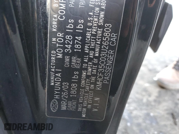 2003 Hyundai Accent with VIN KMHCF35C03U265803, listed as a Copart auction lot 87958865 with 0 mi miles and Non Repairable. Bid and sale history available at carsss.com. Image 12.