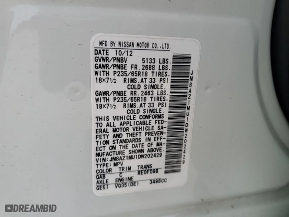 2013 Nissan Murano LE with VIN JN8AZ1MU1DW202429, listed as a Copart auction lot 53546535 with 108,631 mi miles and Salvage Title. Bid and sale history available at carsss.com. Image 13.