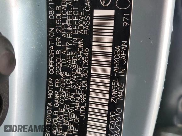 2020 Toyota Prius LE with VIN JTDL9RFU2L3013546, listed as a Copart auction lot 58973725 with 42,518 mi miles and Salvage title. Bid and sale history available at DreamBid. Image 13.
