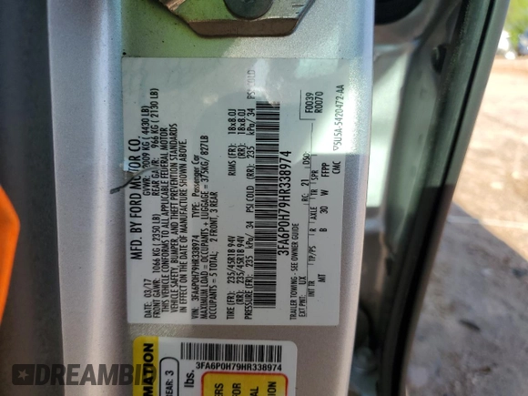 2017 Ford Fusion SE with VIN 3FA6P0H79HR338974, listed as a Copart auction lot 51483815 with 160,010 mi miles and Salvage title. Bid and sale history available at DreamBid. Image 14.