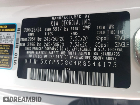 2024 Kia Telluride SX X-Pro with VIN 5XYP5DGC4RG544175, listed as a Copart auction lot 48980245 with 14,624 mi miles and Salvage title. Bid and sale history available at DreamBid. Image 13.