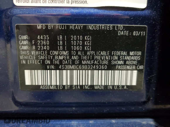 2011 Subaru Legacy Premium with VIN 4S3BMBC69B3249360, listed as a Copart auction lot 57490905 with 81,122 mi miles and Salvage title. Bid and sale history available at DreamBid. Image 12.