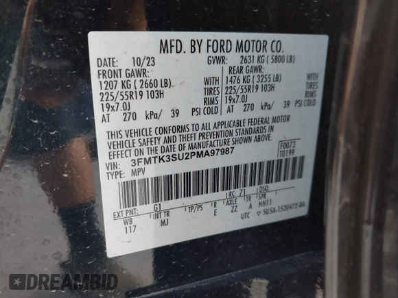 2023 Ford Mustang Mach-E Premium with VIN 3FMTK3SU2PMA97987, listed as a IAAI auction lot 42618167 with 37,904 mi miles and . Bid and sale history available at DreamBid. Image 9.