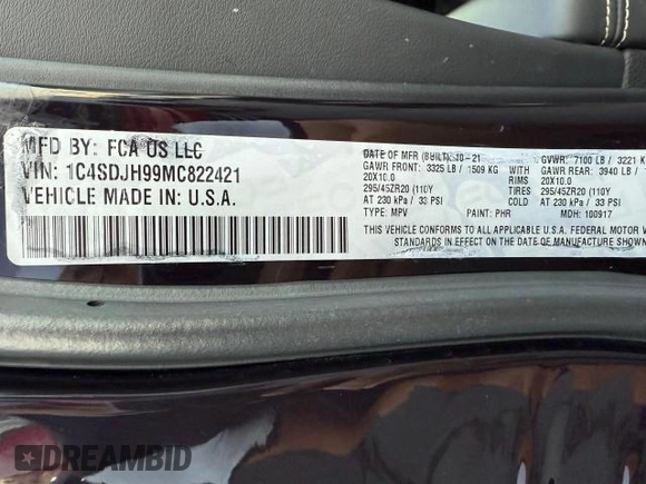 2021 Dodge Durango SRT Hellcat with VIN 1C4SDJH99MC822421, listed as a Copart auction lot 47705615 with 7,345 mi miles and Clean Title. Bid and sale history available at DreamBid. Image 10.