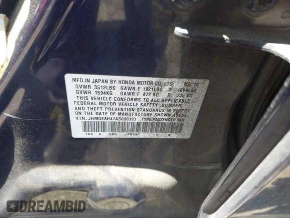 2010 Honda Fit Sport with VIN JHMGE8H47AS000393, listed as a IAAI auction lot 42696990 with 89,855 mi miles and . Bid and sale history available at DreamBid. Image 9.