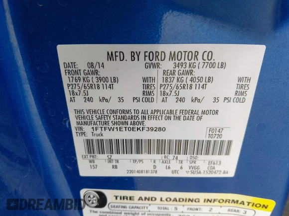 2014 Ford F-150 XL with VIN 1FTFW1ET0EKF39280, listed as a IAAI auction lot 42038842 with 209,864 mi miles and . Bid and sale history available at DreamBid. Image 9.