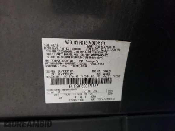 2016 Ford Taurus SHO with VIN 1FAHP2KT8GG121982, listed as a Copart auction lot 54378405 with 52,508 mi miles and Salvage title. Bid and sale history available at DreamBid. Image 12.