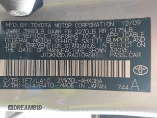 2010 Toyota Prius II with VIN JTDKN3DU9A0109681, listed as a IAAI auction lot 42200067 with 190,741 mi miles. Bid and sale history available at carsss.com. Image 9.