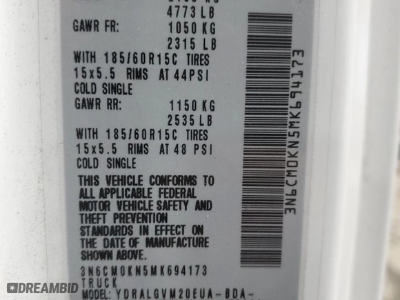 2021 Nissan NV200 Compact Cargo SV with VIN 3N6CM0KN5MK694173, listed as a Copart auction lot 89091465 with 0 mi miles and Salvage Title. Bid and sale history available at carsss.com. Image 16.