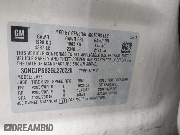 2016 Chevrolet Trax LT with VIN 3GNCJPSB2GL276220, listed as a IAAI auction lot 41867513 with 142,976 mi miles and . Bid and sale history available at DreamBid. Image 9.