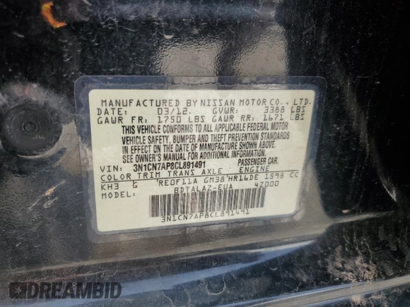 2012 Nissan Versa SV с VIN 3N1CN7AP8CL891491, выставлен на аукционе Copart как лот 59743555 с пробегом 108 113 миль миль и Чистый • Clean title. История ставок и продаж доступна на DreamBid. Изображение 12.